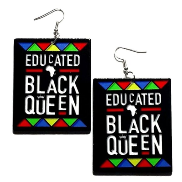 Educated Black Queen in Colors Rectangle Statement Dangle Wood Earrings - Picture 1 of 5